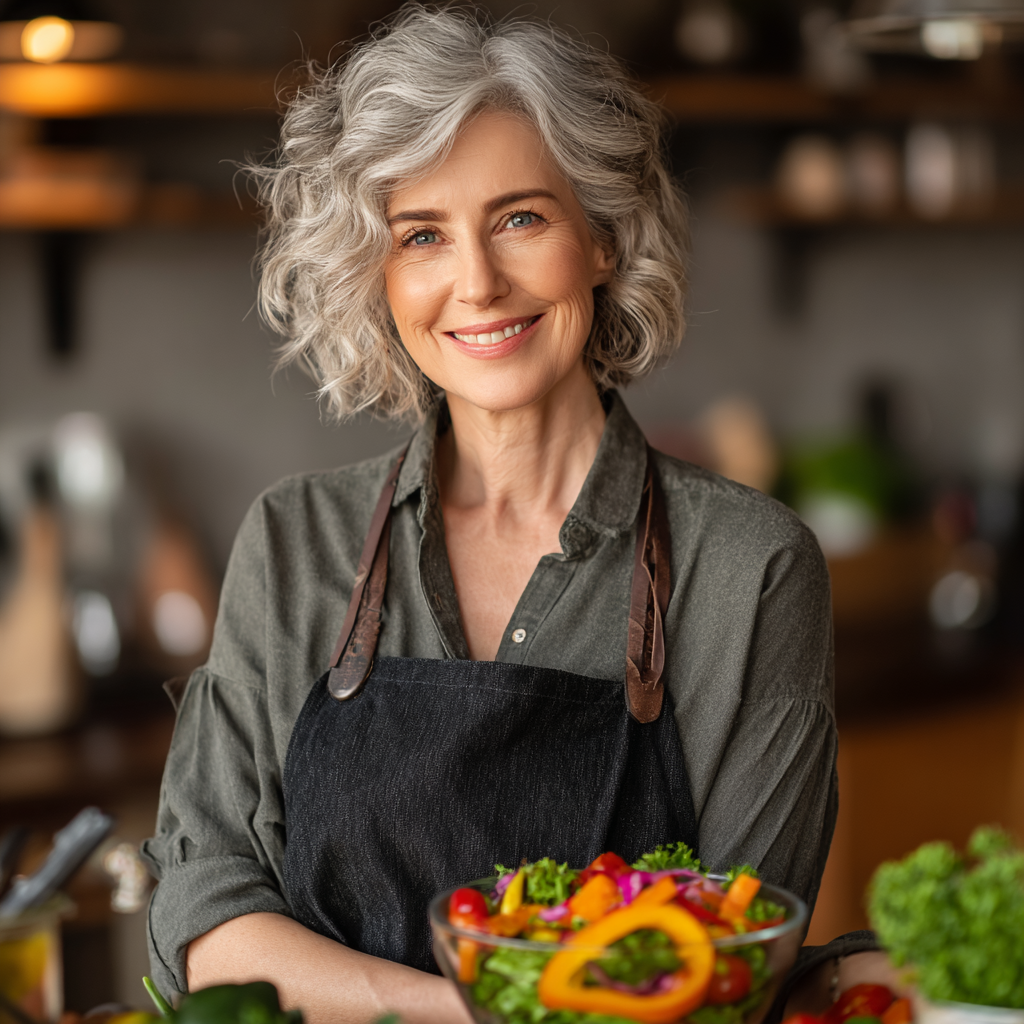 Femeie în vârstă de 55 de ani zâmbind fericit în bucătărie în timp ce pregătește o salată nutritivă colorată
