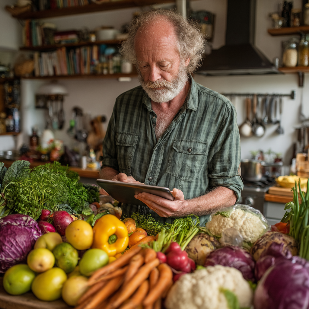 Bărbat în vârstă de 58 de ani citind o rețetă pe tabletă în bucătărie înconjurat de ingrediente proaspete și sănătoase