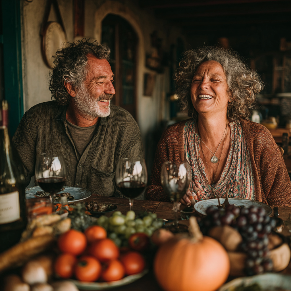 Cuplu fericit în vârstă de aproximativ 60 de ani stând la masă și savurând o masă sănătoasă colorată împreună